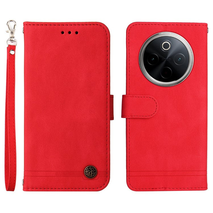 For vivo Y300 Pro 5G Wallet Case Skin Touch Leather Phone Cover Tree Pattern Hardware - Red