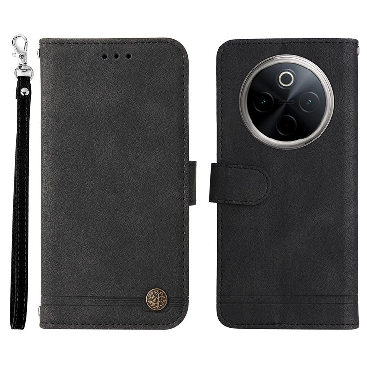 For vivo Y300 Pro 5G Wallet Case Skin Touch Leather Phone Cover Tree Pattern Hardware - Black