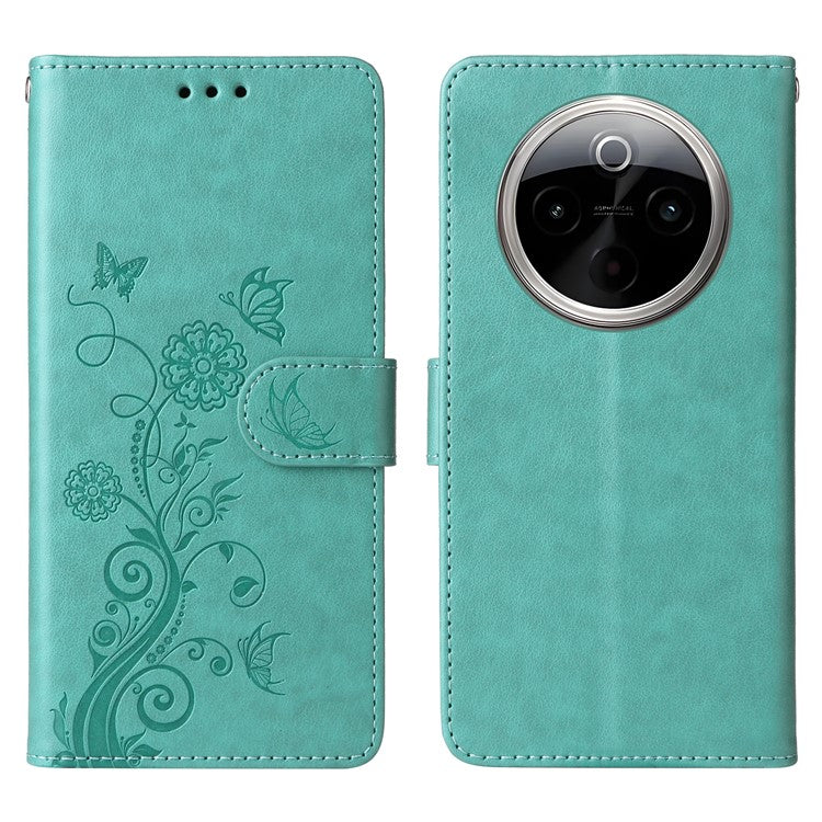 For vivo Y300 Pro 5G Leather Case Butterfly Floral Imprint Wallet Stand Cover - Green