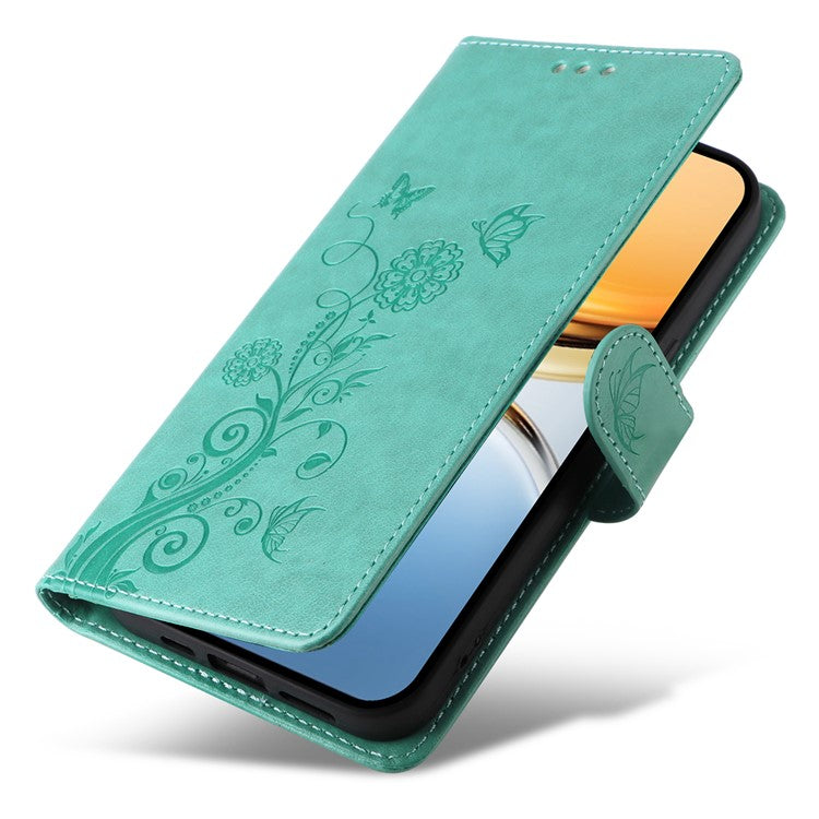 For vivo Y300 Pro 5G Leather Case Butterfly Floral Imprint Wallet Stand Cover - Green