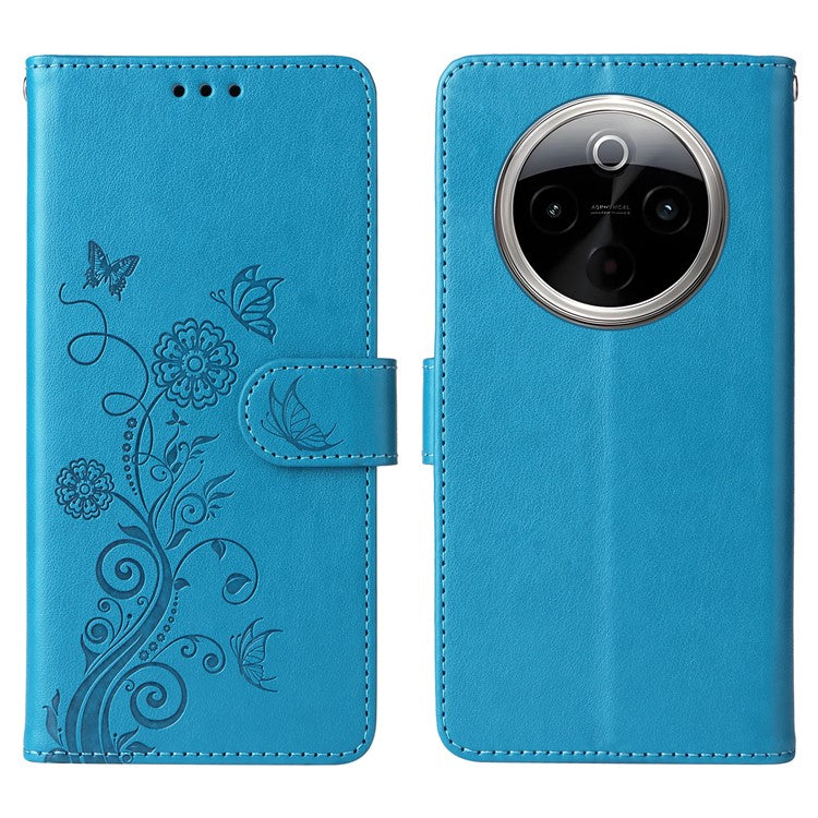 For vivo Y300 Pro 5G Leather Case Butterfly Floral Imprint Wallet Stand Cover - Blue