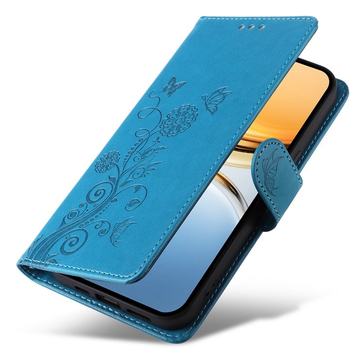 For vivo Y300 Pro 5G Leather Case Butterfly Floral Imprint Wallet Stand Cover - Blue