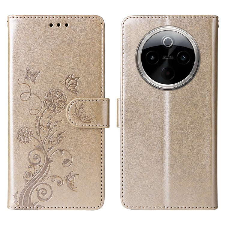 For vivo Y300 Pro 5G Leather Case Butterfly Floral Imprint Wallet Stand Cover - Gold