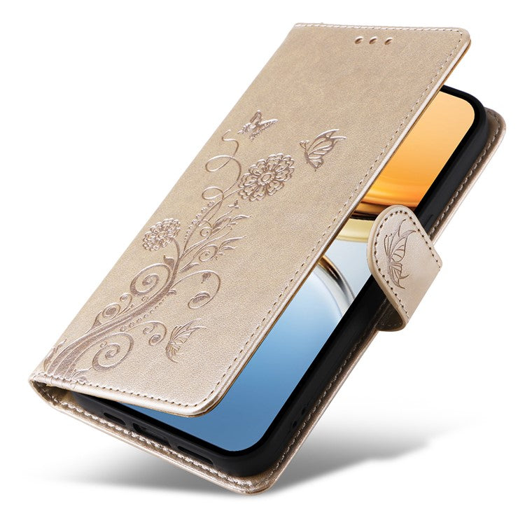 For vivo Y300 Pro 5G Leather Case Butterfly Floral Imprint Wallet Stand Cover - Gold