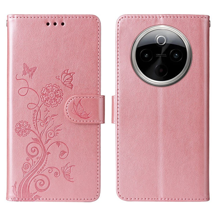 For vivo Y300 Pro 5G Leather Case Butterfly Floral Imprint Wallet Stand Cover - Pink