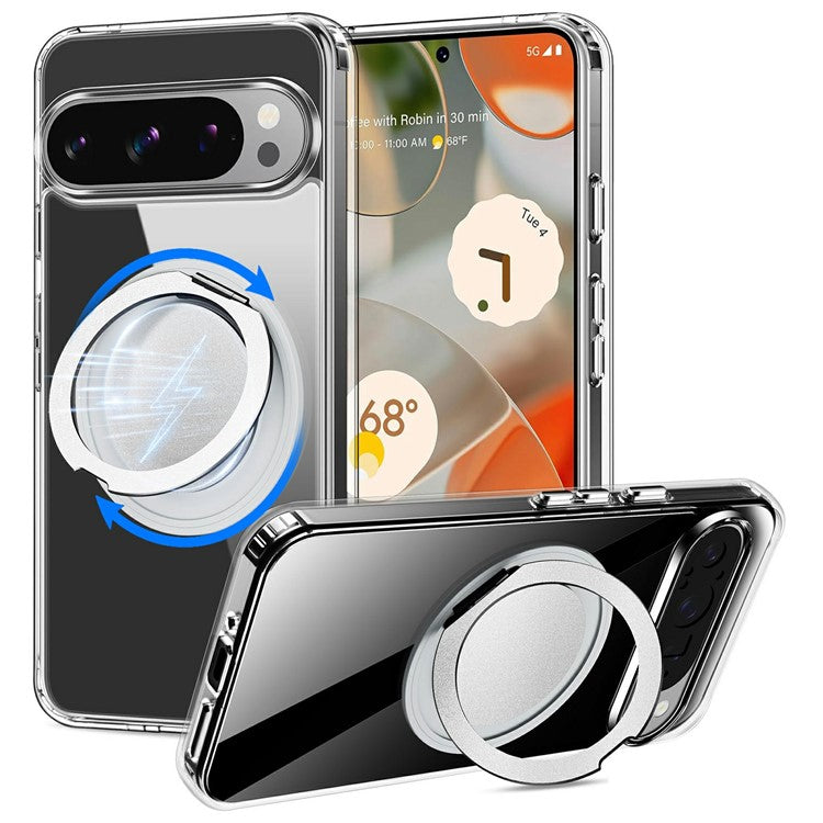 For Google Pixel 9 Pro / Pixel 9 Magnetic Case Rotary Kickstand TPU PC Clear Phone Back Cover