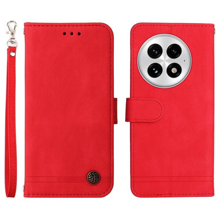 For OnePlus 13 Wallet Case Skin Touch Leather Phone Cover Tree Pattern Hardware - Red