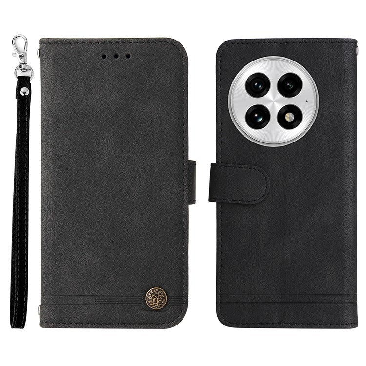 For OnePlus 13 Wallet Case Skin Touch Leather Phone Cover Tree Pattern Hardware - Black