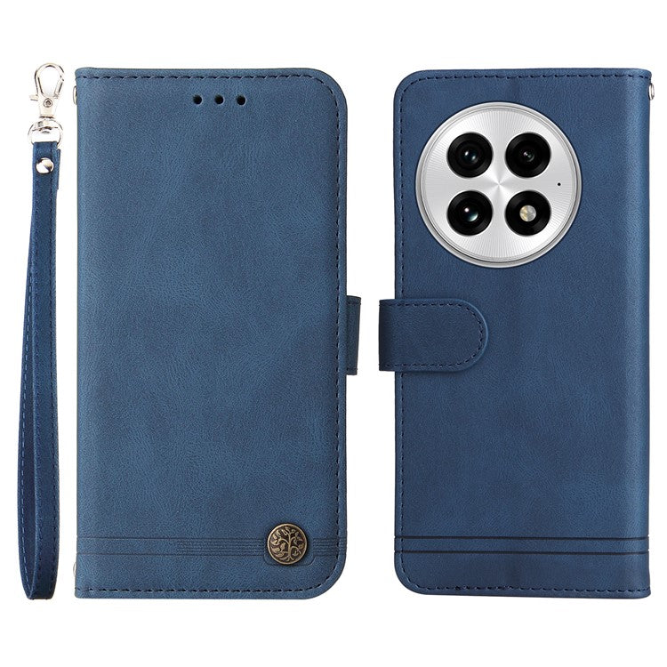 For OnePlus 13 Wallet Case Skin Touch Leather Phone Cover Tree Pattern Hardware - Blue