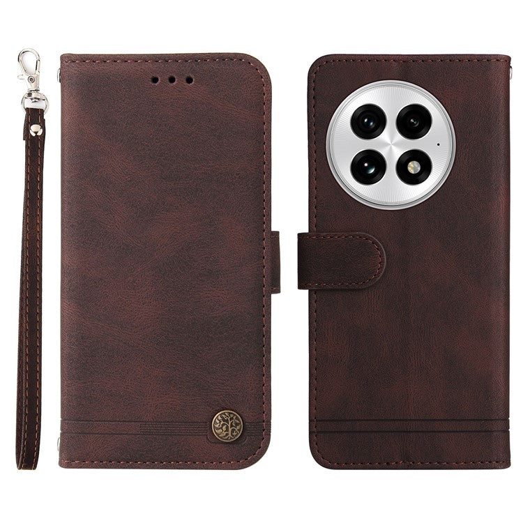 For OnePlus 13 Wallet Case Skin Touch Leather Phone Cover Tree Pattern Hardware - Brown