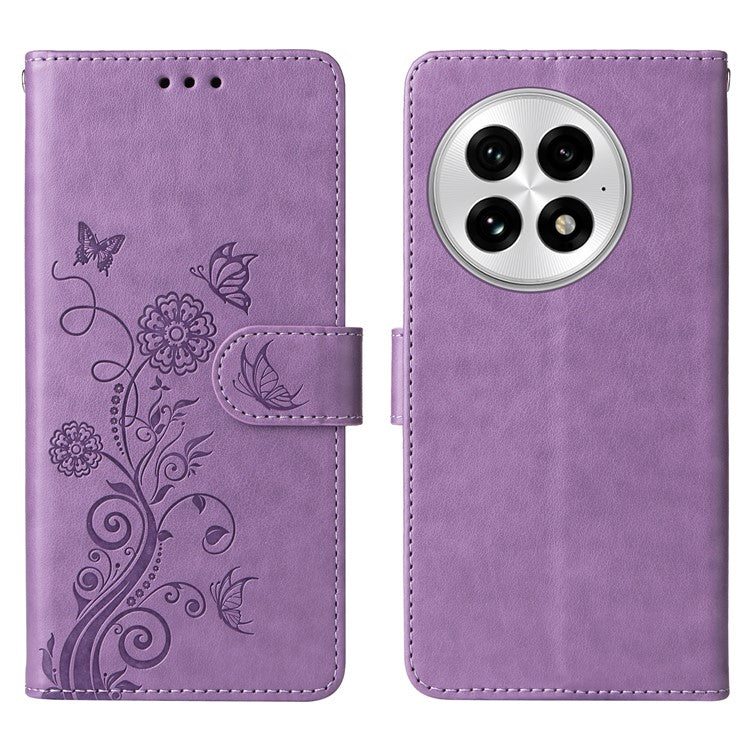 For OnePlus 13 Leather Case Butterfly Floral Imprint Wallet Stand Cover - Purple