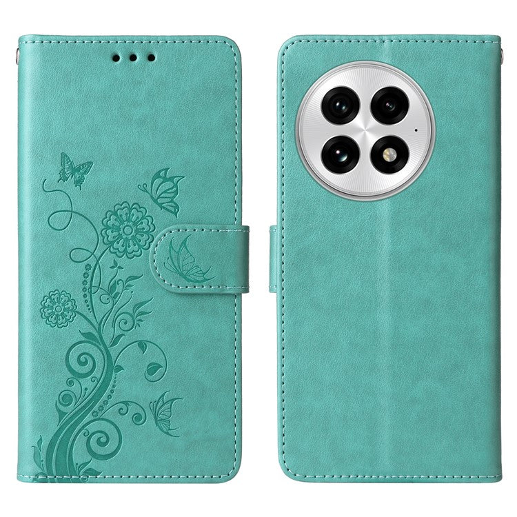 For OnePlus 13 Leather Case Butterfly Floral Imprint Wallet Stand Cover - Green