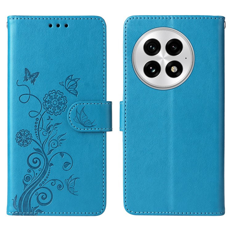 For OnePlus 13 Leather Case Butterfly Floral Imprint Wallet Stand Cover - Blue