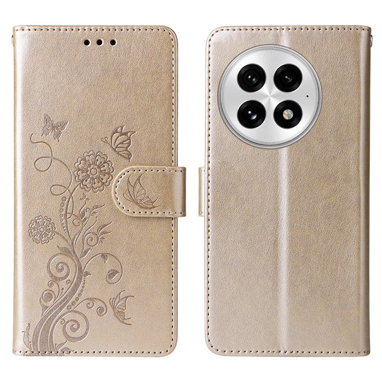 For OnePlus 13 Leather Case Butterfly Floral Imprint Wallet Stand Cover - Gold