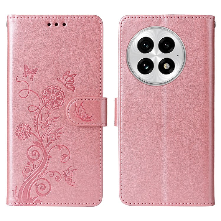 For OnePlus 13 Leather Case Butterfly Floral Imprint Wallet Stand Cover - Pink