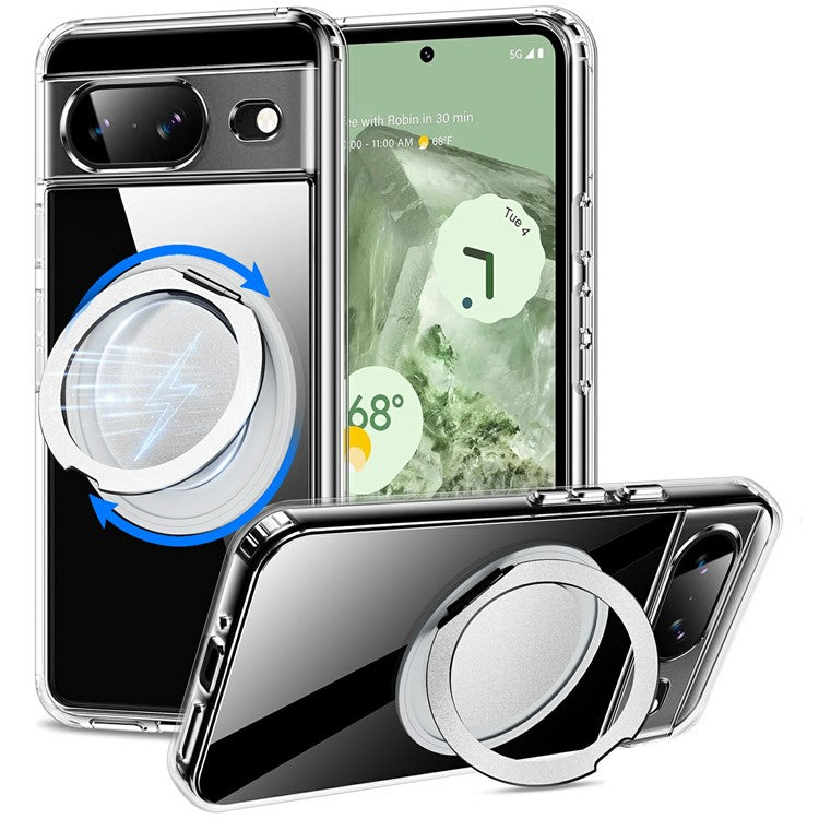 For Google Pixel 8a Magnetic Case Rotary Kickstand TPU PC Clear Phone Back Cover