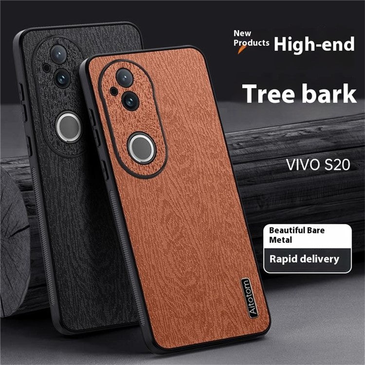 For vivo S20 5G Case Wood Texture PU Leather Coated PC TPU Phone Cover - Black