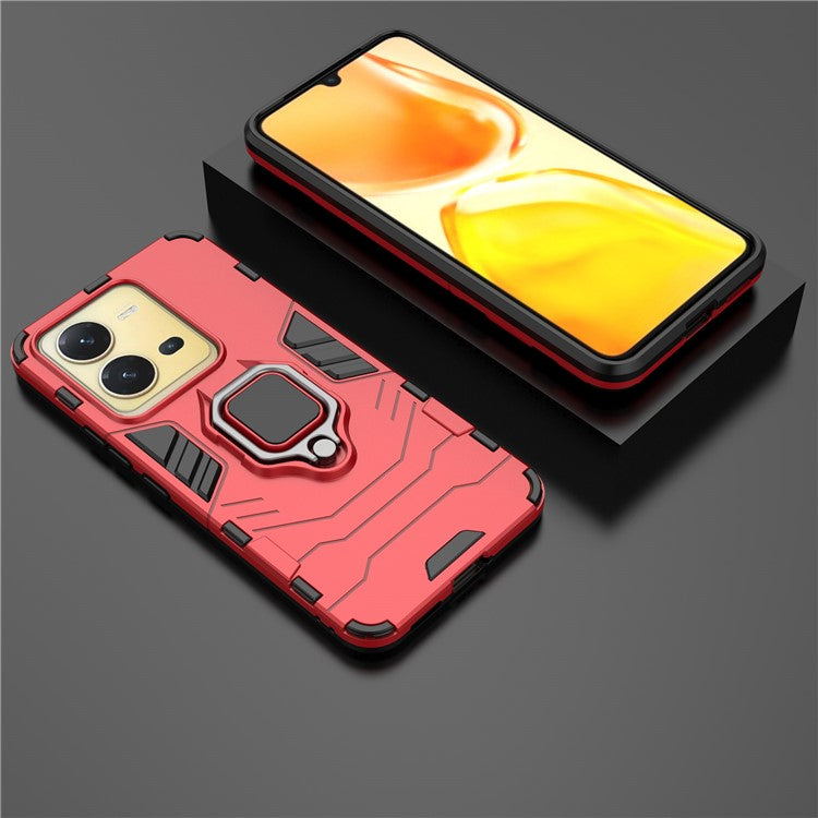 For vivo V25 5G Phone Protective Cover Finger Ring Kickstand Anti-Slip Hard PC Soft TPU Shockproof Phone Case - Red