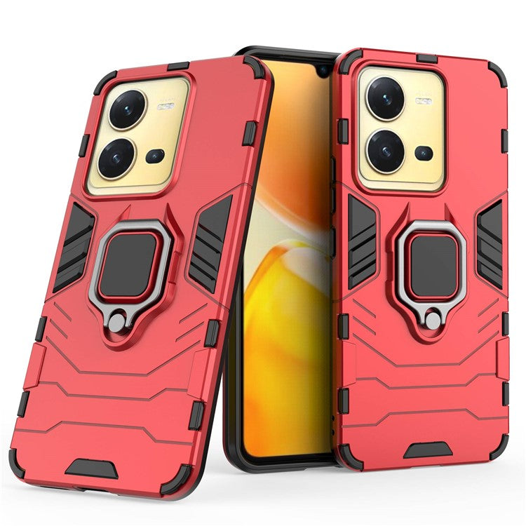 For vivo V25 5G Phone Protective Cover Finger Ring Kickstand Anti-Slip Hard PC Soft TPU Shockproof Phone Case - Red