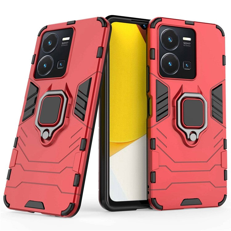 For vivo Y35 4G (2022) Phone Case Ring Holder Kickstand Hybrid Hard PC Soft TPU Shockproof Protective Cover - Red