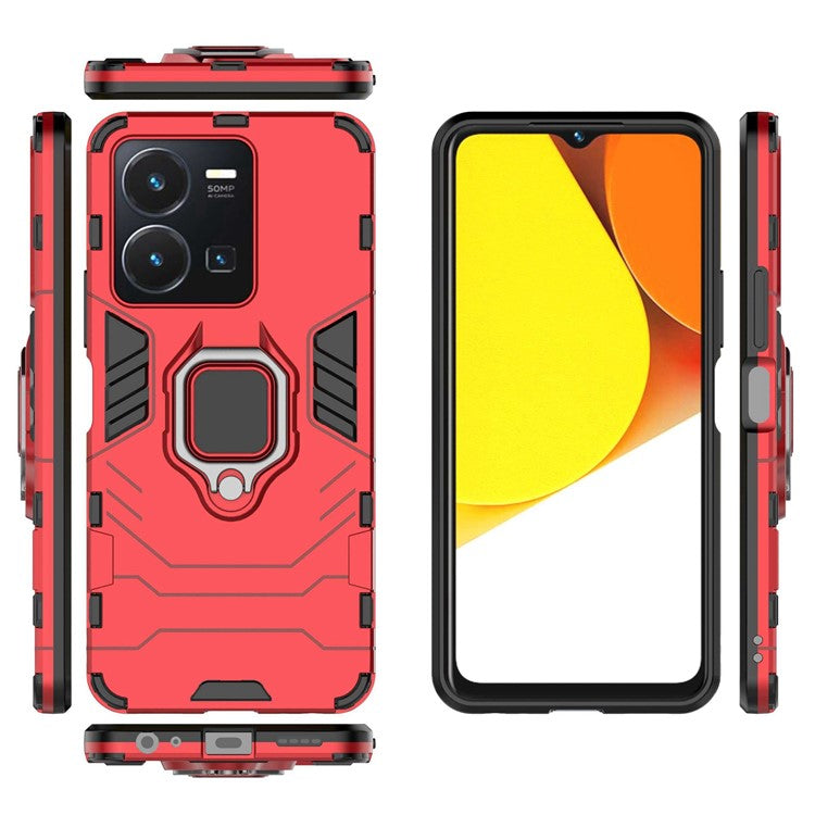 For vivo Y35 4G (2022) Phone Case Ring Holder Kickstand Hybrid Hard PC Soft TPU Shockproof Protective Cover - Red