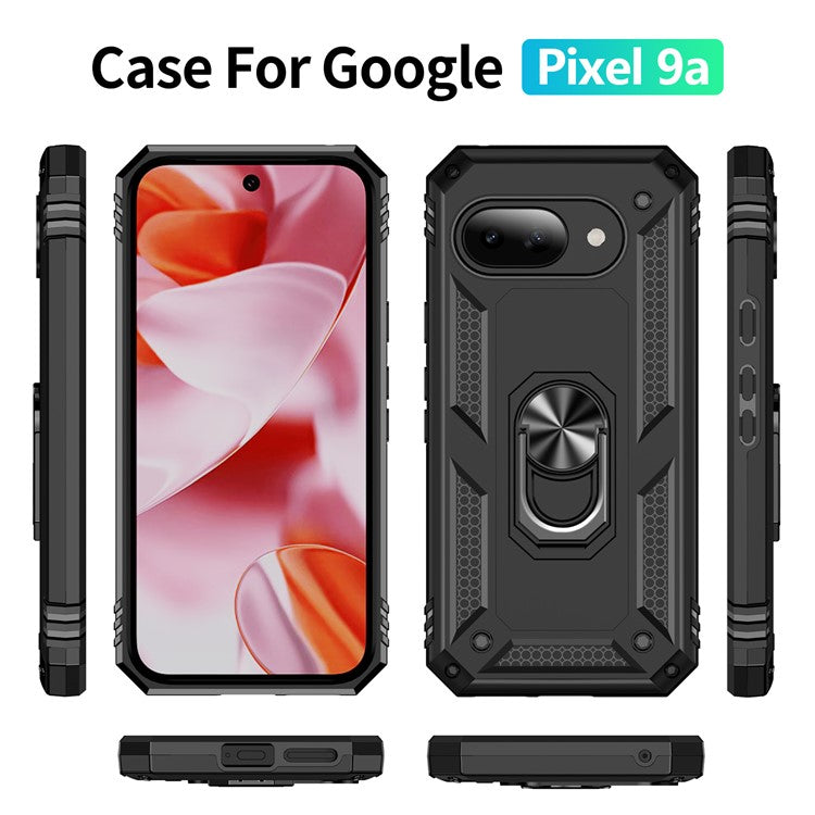 For Google Pixel 9a Case PC+TPU Phone Cover with Rotary Ring Kickstand - Black