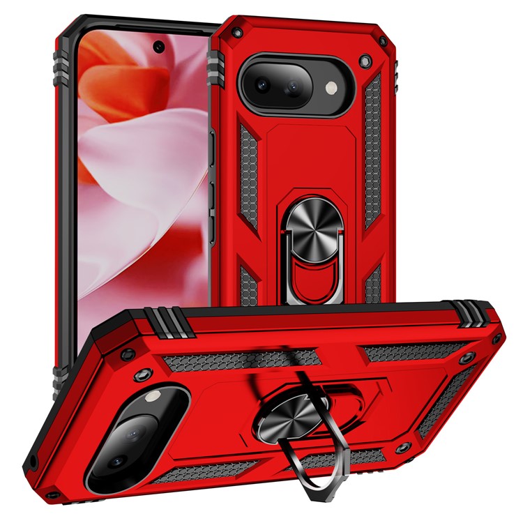 For Google Pixel 9a Case PC+TPU Phone Cover with Rotary Ring Kickstand - Red