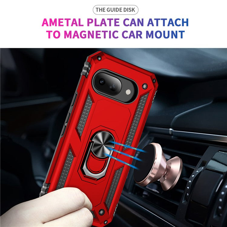 For Google Pixel 9a Case PC+TPU Phone Cover with Rotary Ring Kickstand - Red