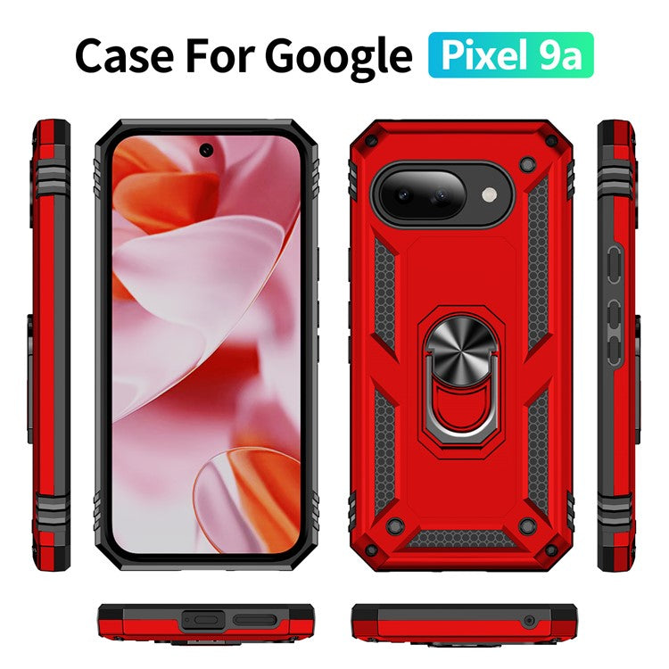 For Google Pixel 9a Case PC+TPU Phone Cover with Rotary Ring Kickstand - Red