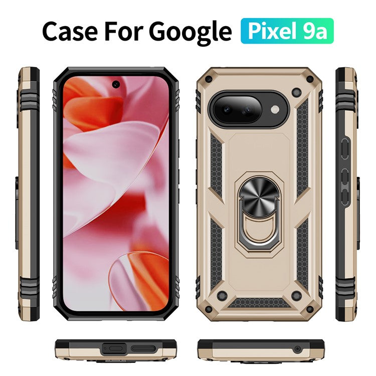 For Google Pixel 9a Case PC+TPU Phone Cover with Rotary Ring Kickstand - Gold