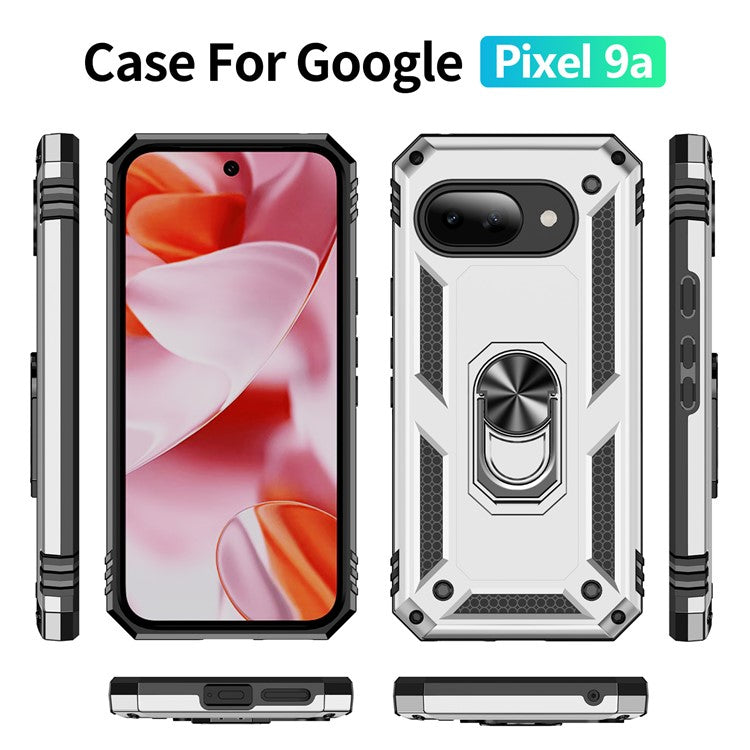 For Google Pixel 9a Case PC+TPU Phone Cover with Rotary Ring Kickstand - Silver