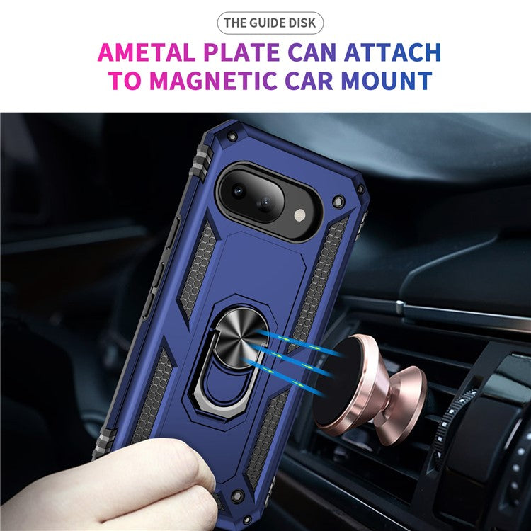 For Google Pixel 9a Case PC+TPU Phone Cover with Rotary Ring Kickstand - Blue