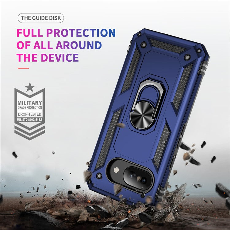 For Google Pixel 9a Case PC+TPU Phone Cover with Rotary Ring Kickstand - Blue