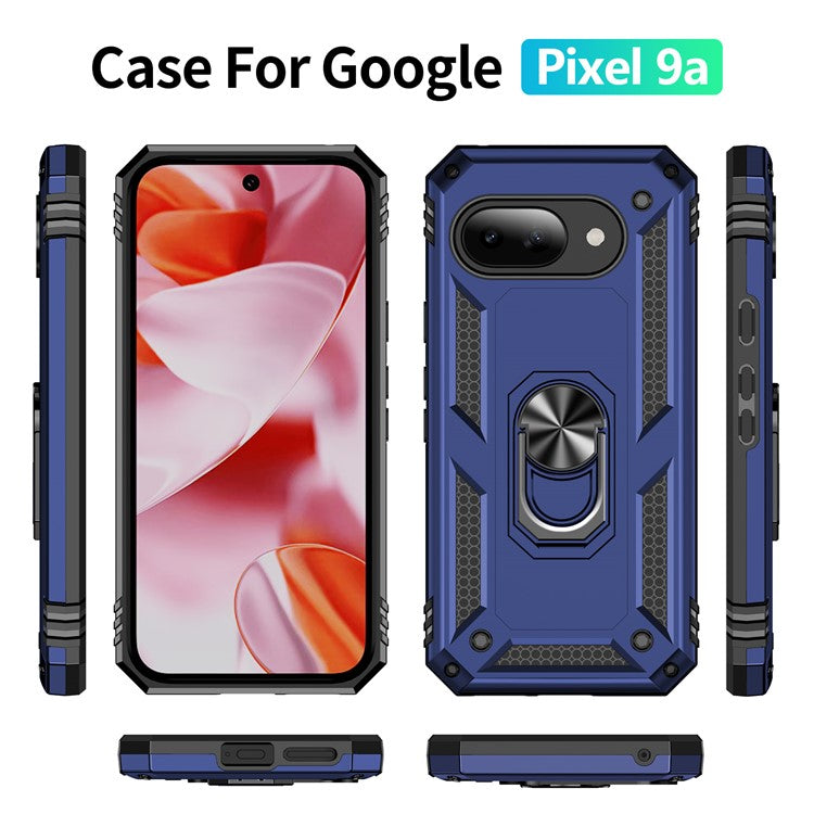 For Google Pixel 9a Case PC+TPU Phone Cover with Rotary Ring Kickstand - Blue