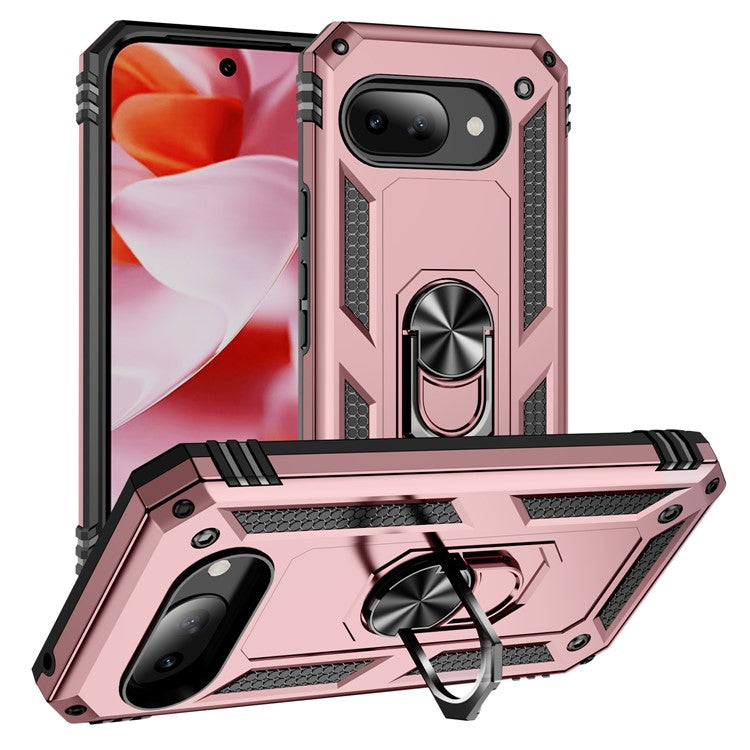 For Google Pixel 9a Case PC+TPU Phone Cover with Rotary Ring Kickstand - Rose Gold