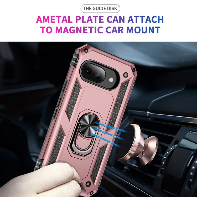 For Google Pixel 9a Case PC+TPU Phone Cover with Rotary Ring Kickstand - Rose Gold