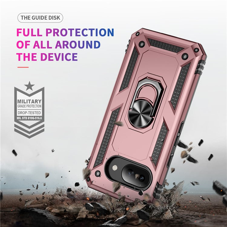 For Google Pixel 9a Case PC+TPU Phone Cover with Rotary Ring Kickstand - Rose Gold