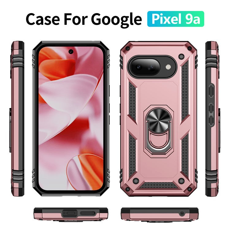 For Google Pixel 9a Case PC+TPU Phone Cover with Rotary Ring Kickstand - Rose Gold