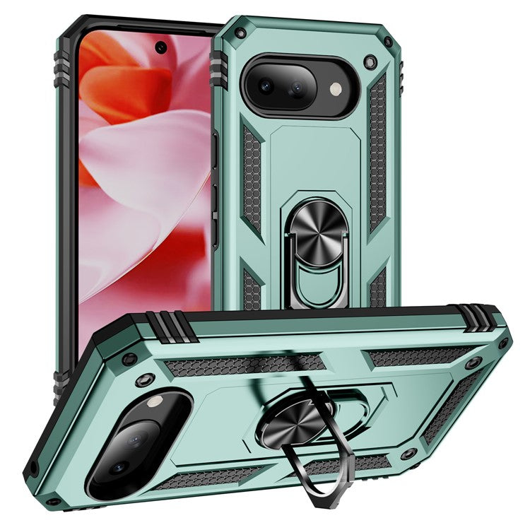 For Google Pixel 9a Case PC+TPU Phone Cover with Rotary Ring Kickstand - Green