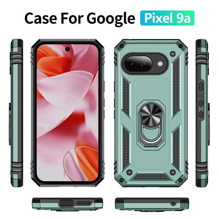 For Google Pixel 9a Case PC+TPU Phone Cover with Rotary Ring Kickstand - Green