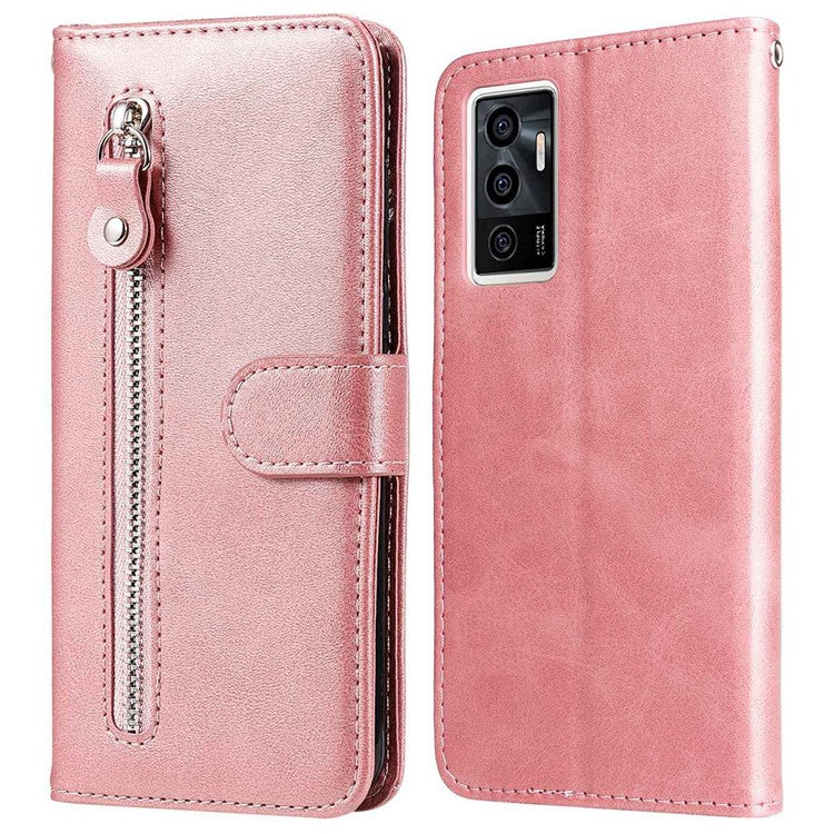 For vivo Y75 4G / vivo V23e 5G / 4G Magnetic Clasp Textured Leather Case Wallet Stand Zipper Pocket Phone Cover - Rose Gold