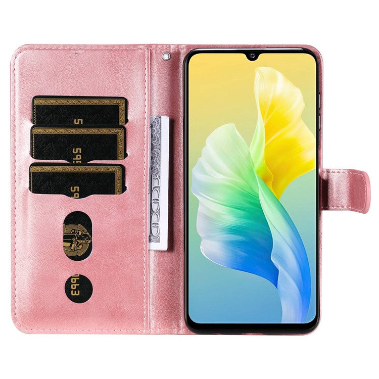 For vivo Y75 4G / vivo V23e 5G / 4G Magnetic Clasp Textured Leather Case Wallet Stand Zipper Pocket Phone Cover - Rose Gold