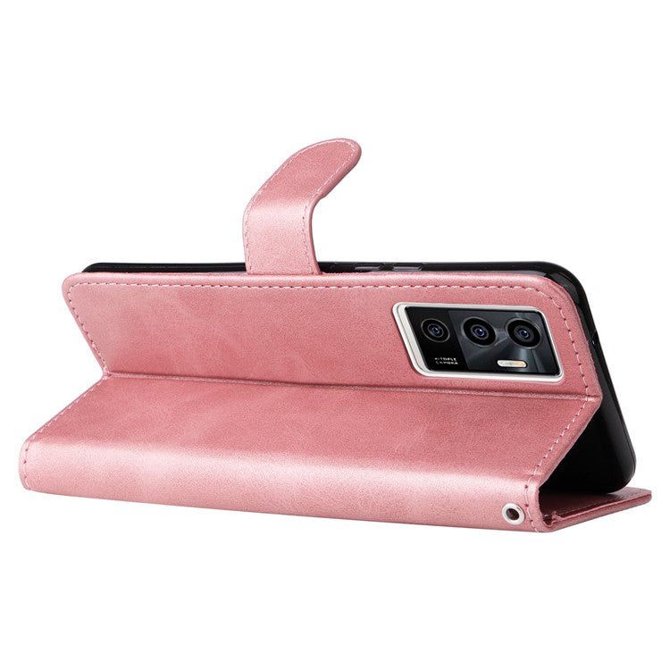 For vivo Y75 4G / vivo V23e 5G / 4G Magnetic Clasp Textured Leather Case Wallet Stand Zipper Pocket Phone Cover - Rose Gold