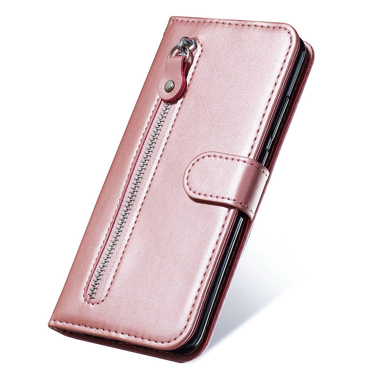 For vivo Y75 4G / vivo V23e 5G / 4G Magnetic Clasp Textured Leather Case Wallet Stand Zipper Pocket Phone Cover - Rose Gold