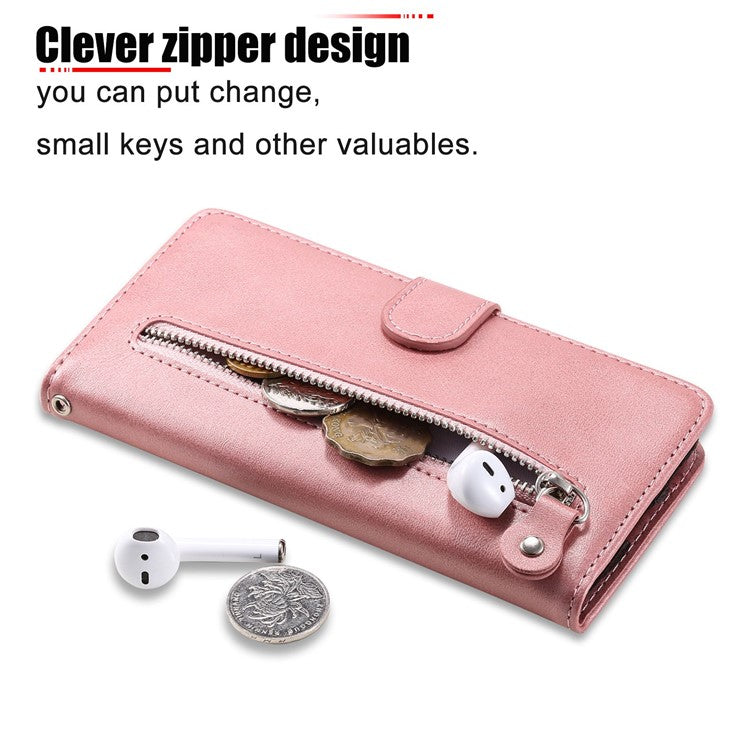 For vivo Y75 4G / vivo V23e 5G / 4G Magnetic Clasp Textured Leather Case Wallet Stand Zipper Pocket Phone Cover - Rose Gold