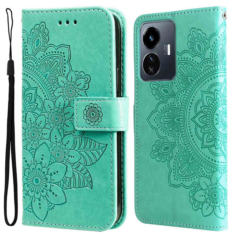 For vivo Y77 5G / Y77e 5G / Y77e (t1) 5G / iQOO Z6 Lite 5G Flower Imprinting Phone Case PU Leather Flip Stand Wallet Cover with Strap - Green