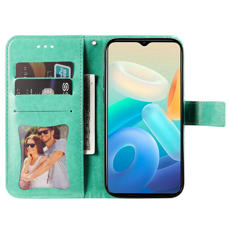 For vivo Y77 5G / Y77e 5G / Y77e (t1) 5G / iQOO Z6 Lite 5G Flower Imprinting Phone Case PU Leather Flip Stand Wallet Cover with Strap - Green