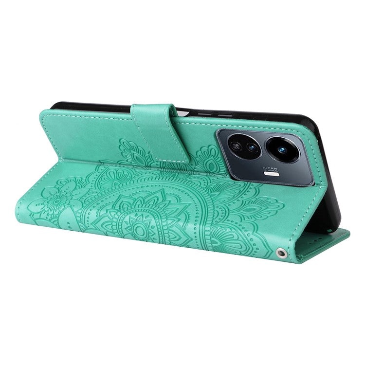 For vivo Y77 5G / Y77e 5G / Y77e (t1) 5G / iQOO Z6 Lite 5G Flower Imprinting Phone Case PU Leather Flip Stand Wallet Cover with Strap - Green