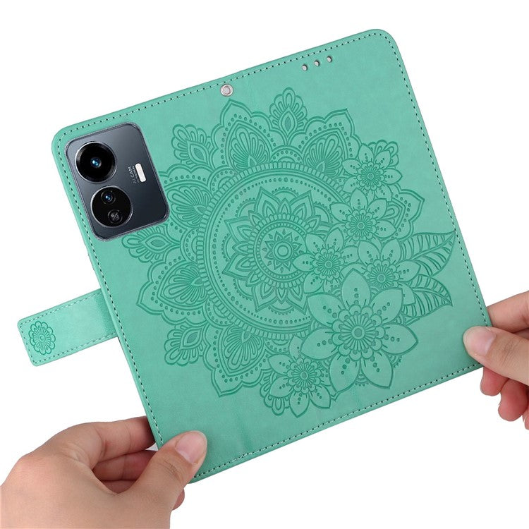 For vivo Y77 5G / Y77e 5G / Y77e (t1) 5G / iQOO Z6 Lite 5G Flower Imprinting Phone Case PU Leather Flip Stand Wallet Cover with Strap - Green