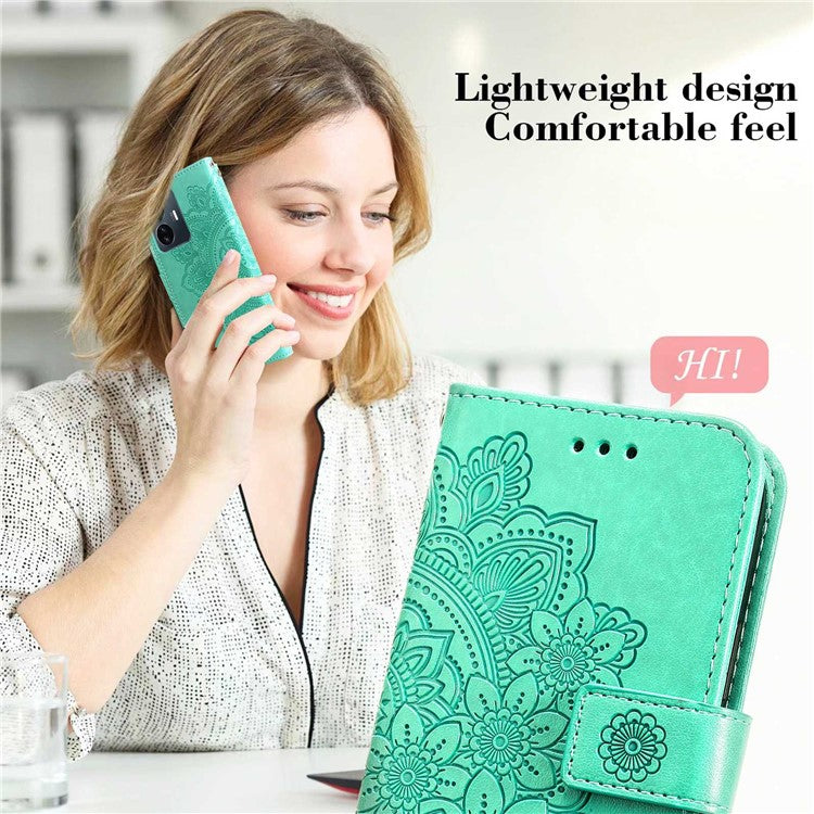 For vivo Y77 5G / Y77e 5G / Y77e (t1) 5G / iQOO Z6 Lite 5G Flower Imprinting Phone Case PU Leather Flip Stand Wallet Cover with Strap - Green